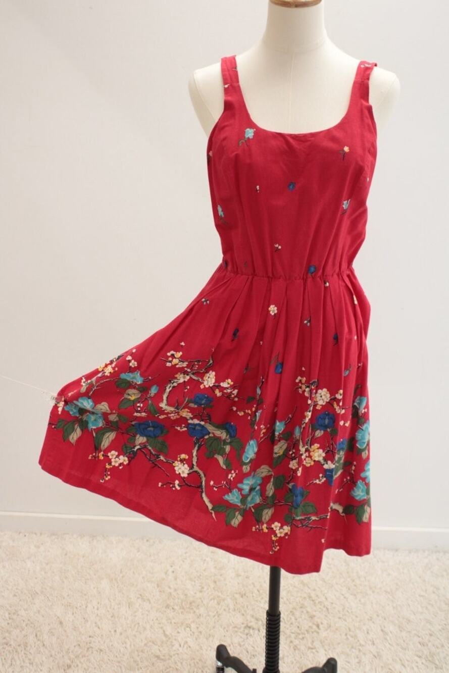 VTG Dash About Dress Red Floral Print Large Cotton Smocked Shelf Bra 1970s Sundr